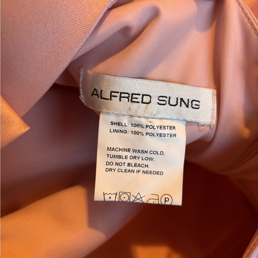ALFRED SUNG Blush Pink Satin Maxi Dress with Square Neck and Strap Bows - Picture 2 of 3